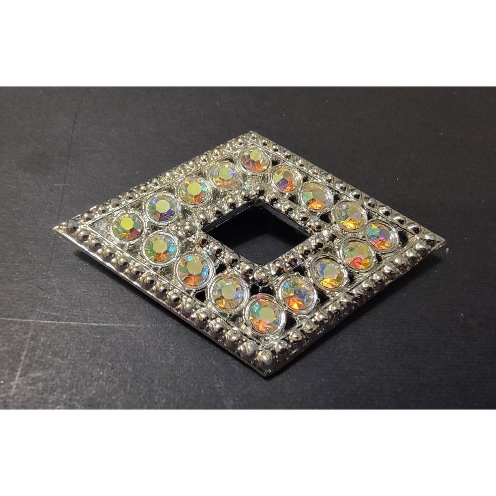 Vintage Art Deco Style Brooch WMCA Silver Tone AB Rhinestones Signed